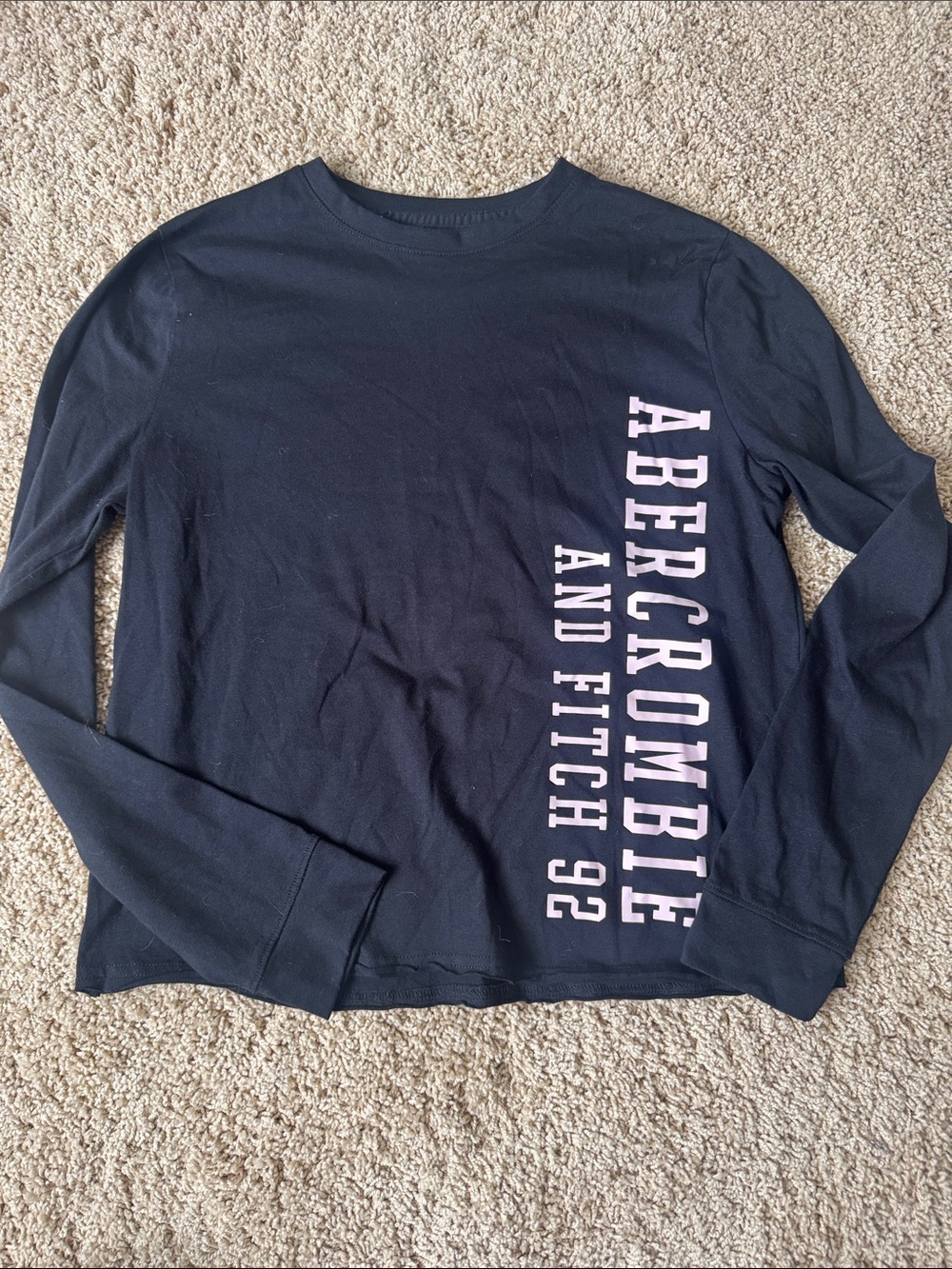 Abercrombie & Fitch Navy Long Sleeve Tee with Light Pink Vertical Logo